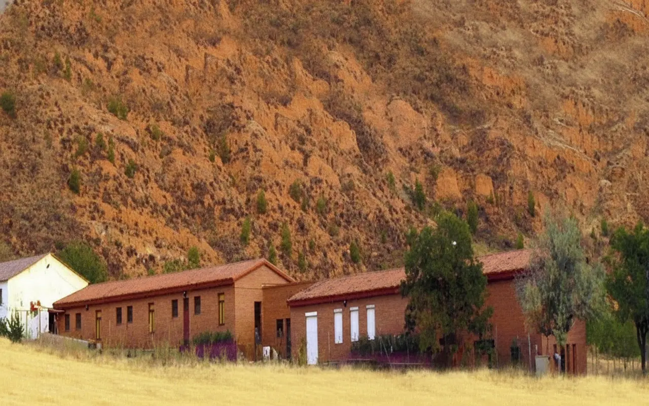 Edificios de ladrillo del albergue al pie de una ladera rojiza