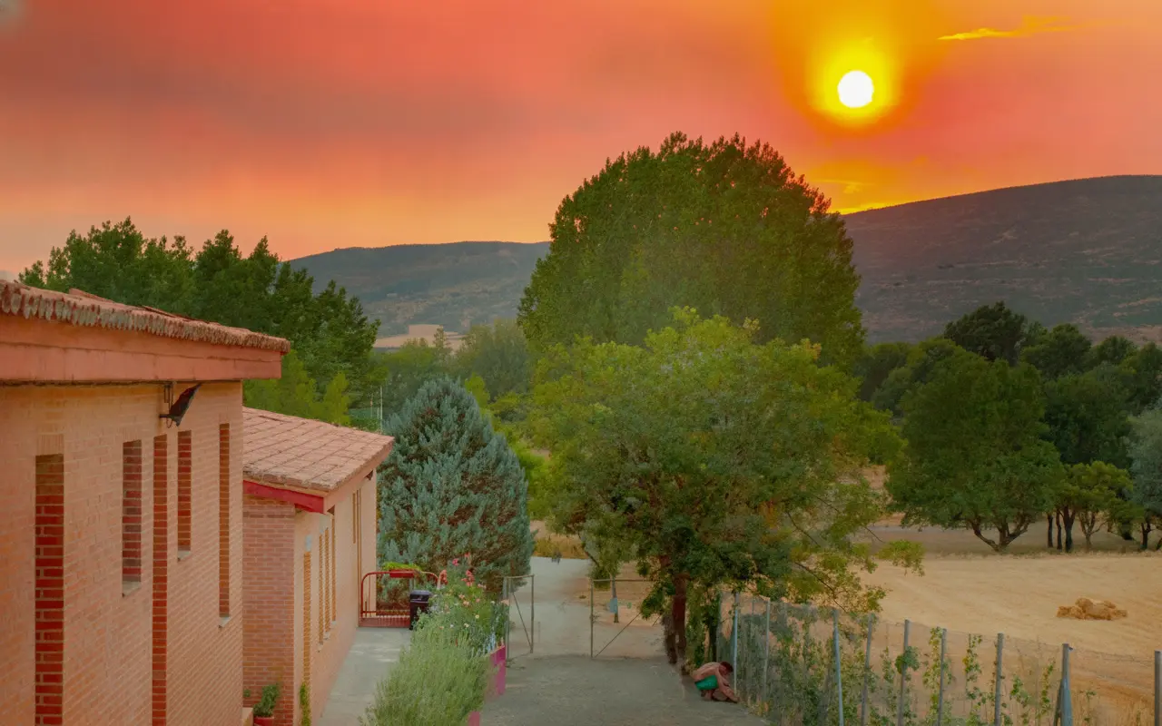 Atardecer anaranjado sobre los edificios del albergue y los árboles del recinto