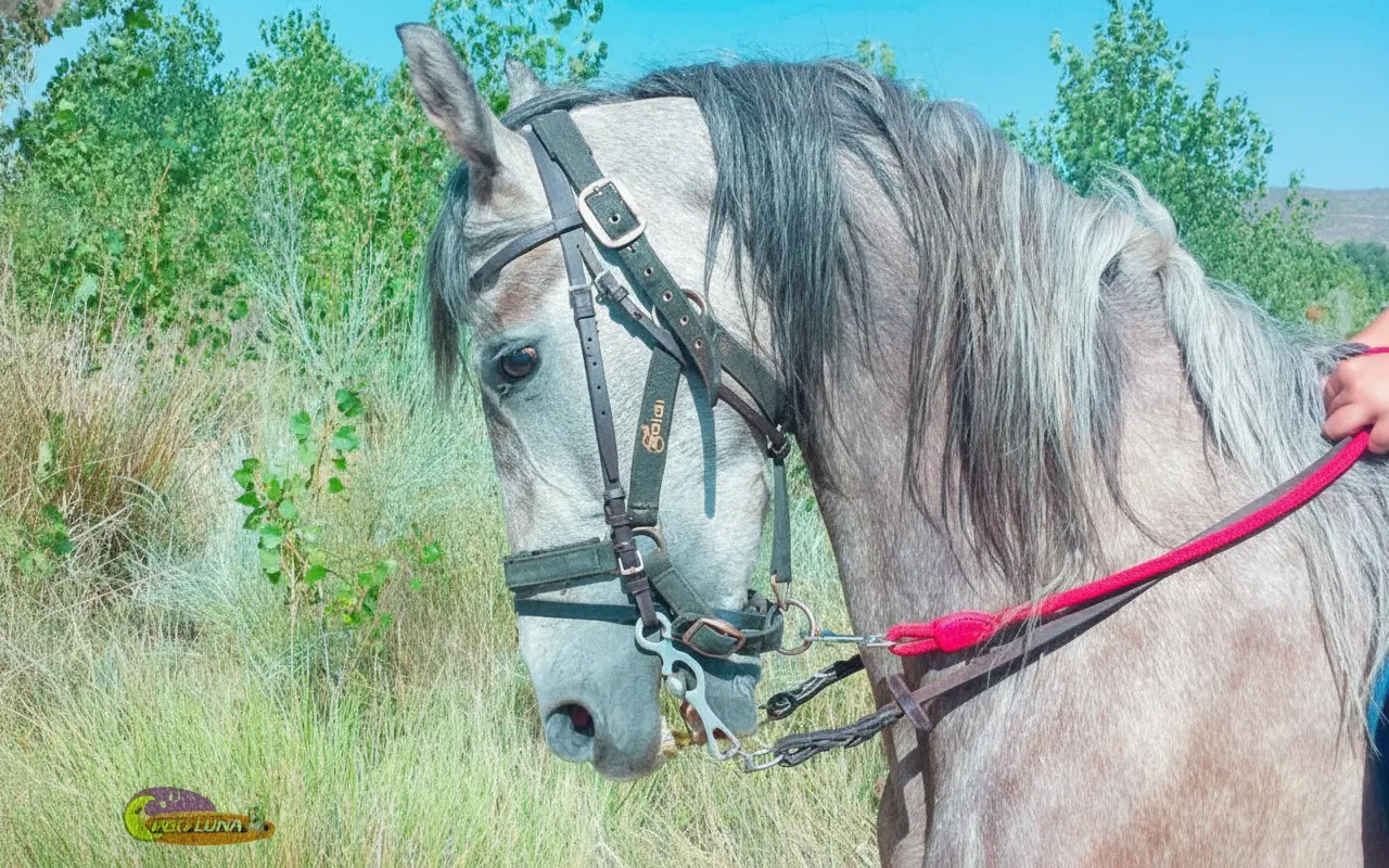 Cabeza de un caballo tordo con cabezada, pastando entre la hierba