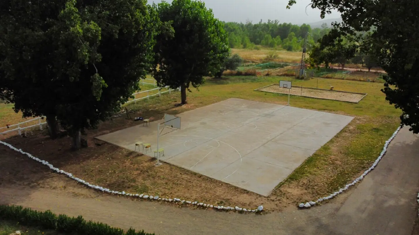 Pista polideportiva con canasta entre árboles y el arenero al fondo