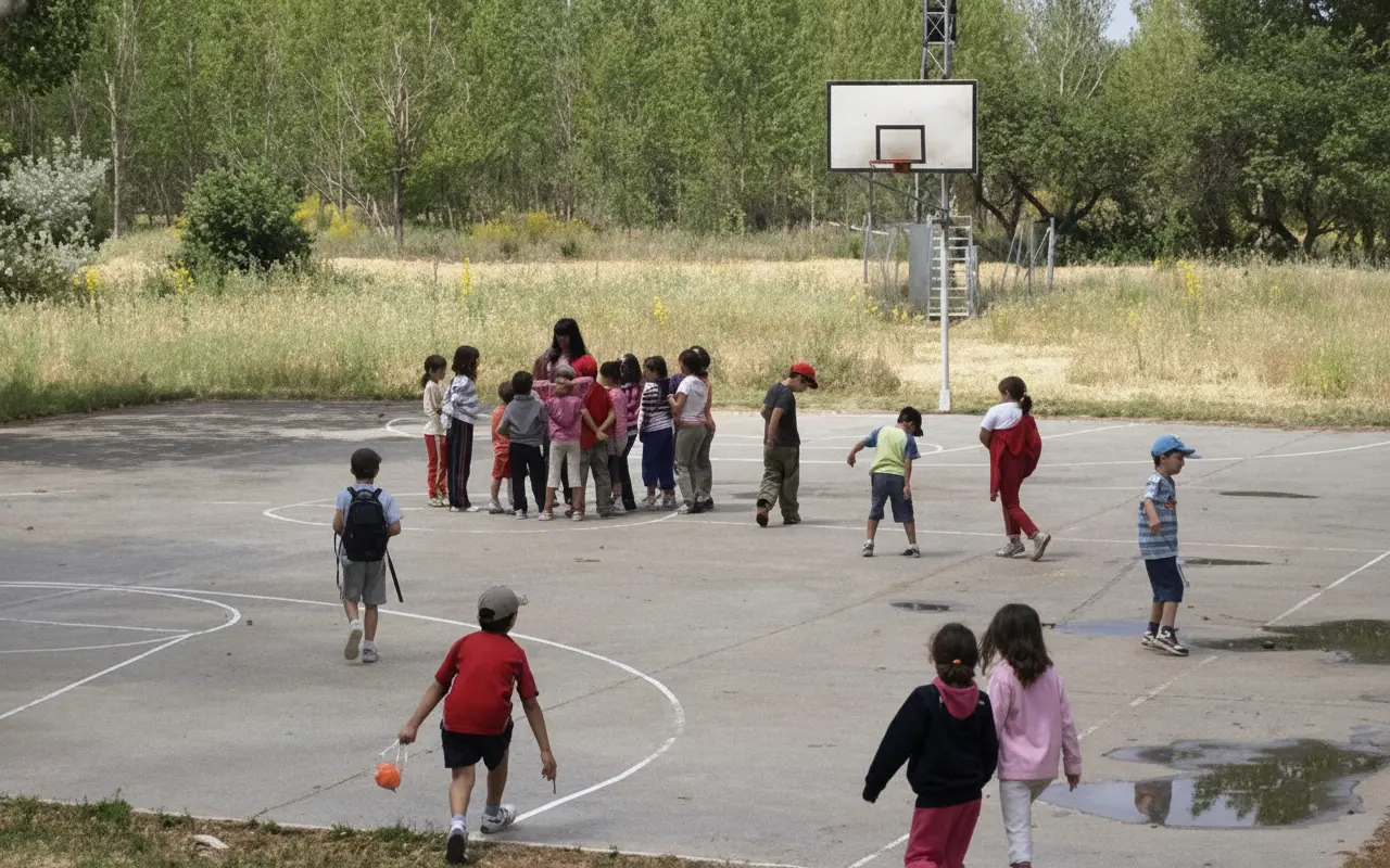 Grupo de niños jugando en la pista con su monitora