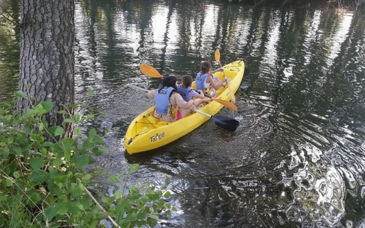 Piragua amarilla con tres remeros en el río, vista desde la orilla